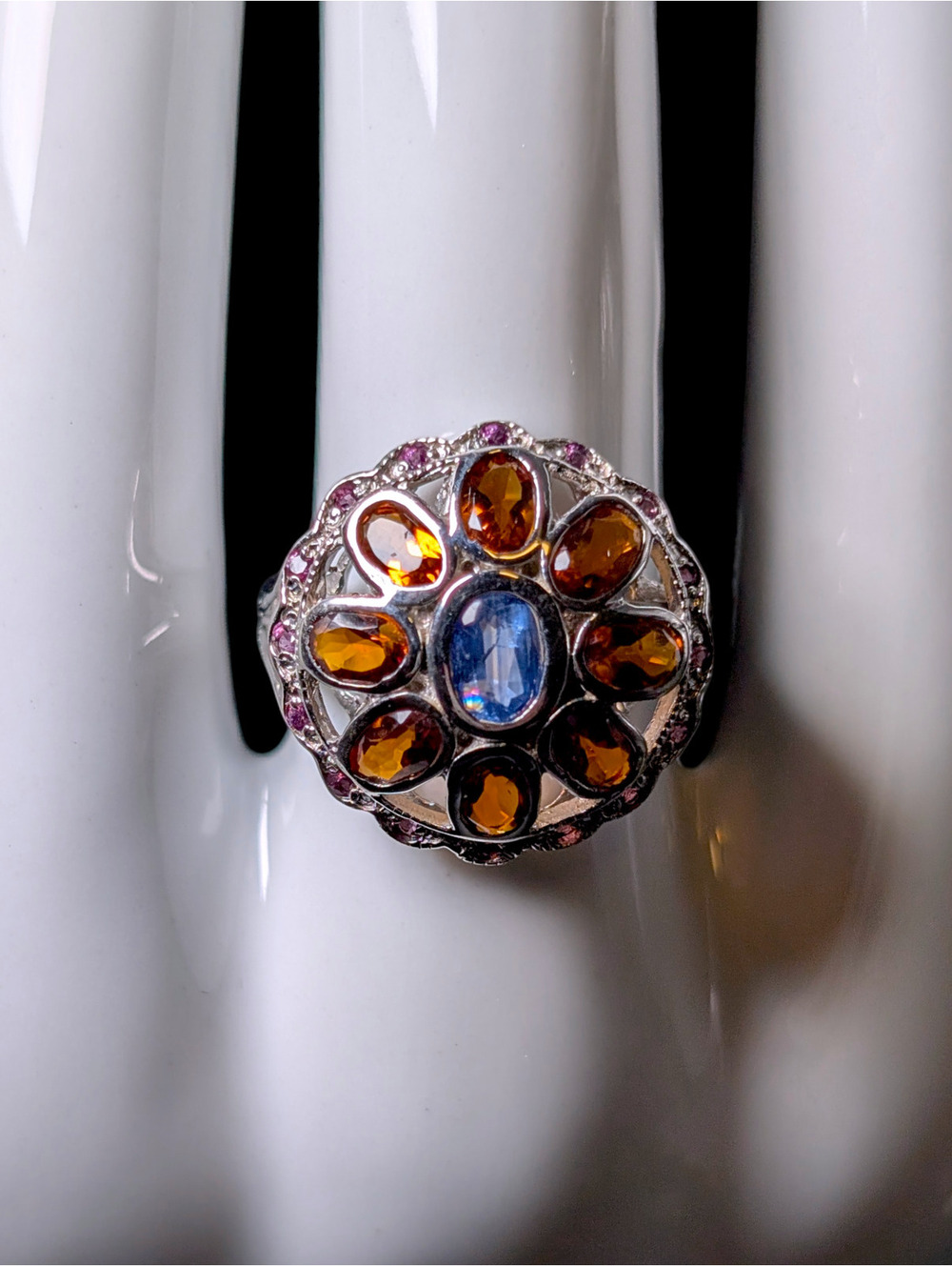 Vintage Round Cluster Genuine Kyanite, Citrine and Tourmaline Sterling Ring